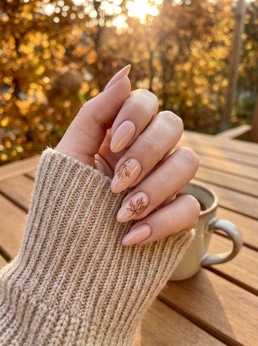 Maple Leaf Accent Nails mit kleinen herbstlichen Blattdetails